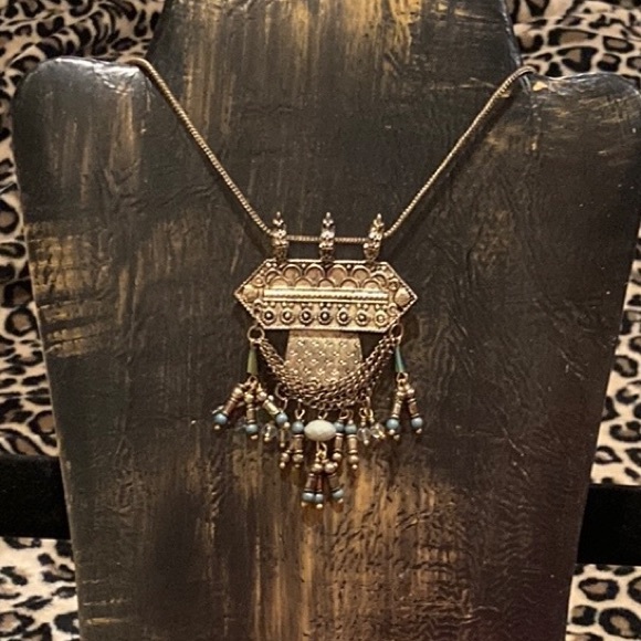 Earth Bound Tribal like necklace, Copper & Gold tone metals blue & gray beads - Picture 4 of 5